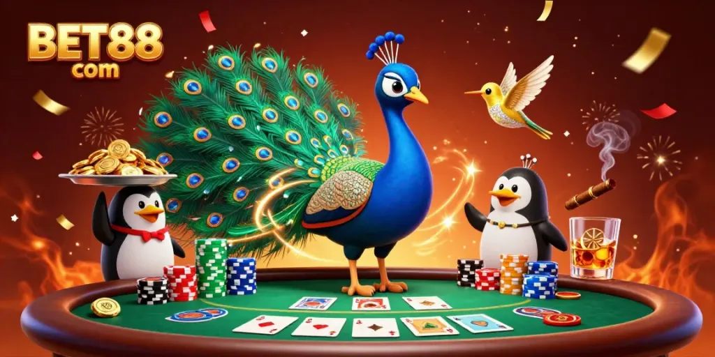 Experience the vibrant gaming atmosphere at BET88 com with a colorful casino scene showcasing dynamic characters and poker elements.