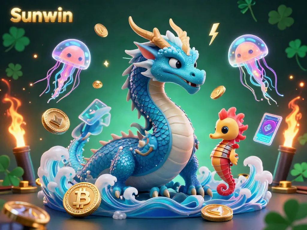 Win big with Sunwin in this illustrated scene filled with an azure dragon and neon elements.