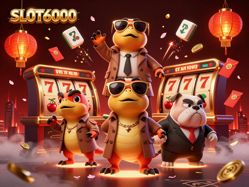 SLOT6000 offers thrilling 3D adventure as raptors charm to enter a VIP lounge, with vibrant casino elements.