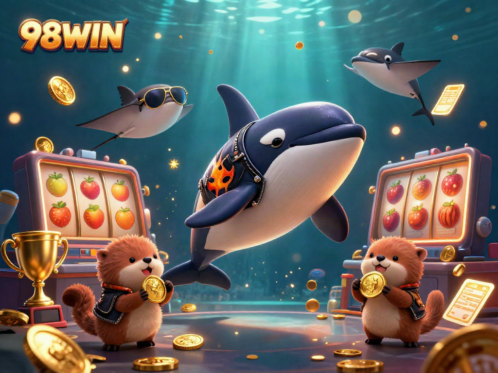 Win big with 98WIN as playful marine characters enjoy a vibrant casino world filled with excitement.