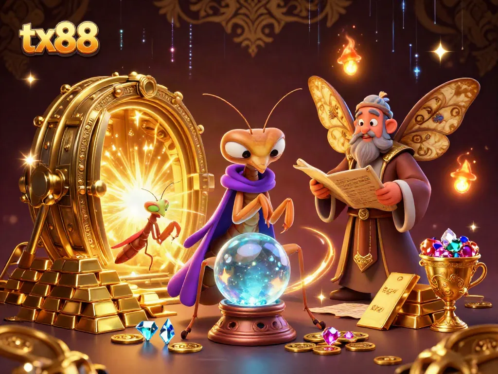 Experience the thrill at tx88, surrounded by 3D cartoon characters engaged in fortune-telling and surrounded by treasures.