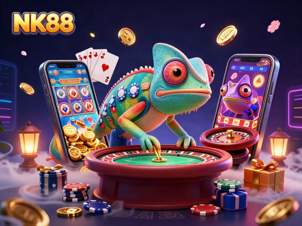 Engage with NK88 as the vibrant chameleon casino owner captures golden coins amidst a thrilling gaming scene.