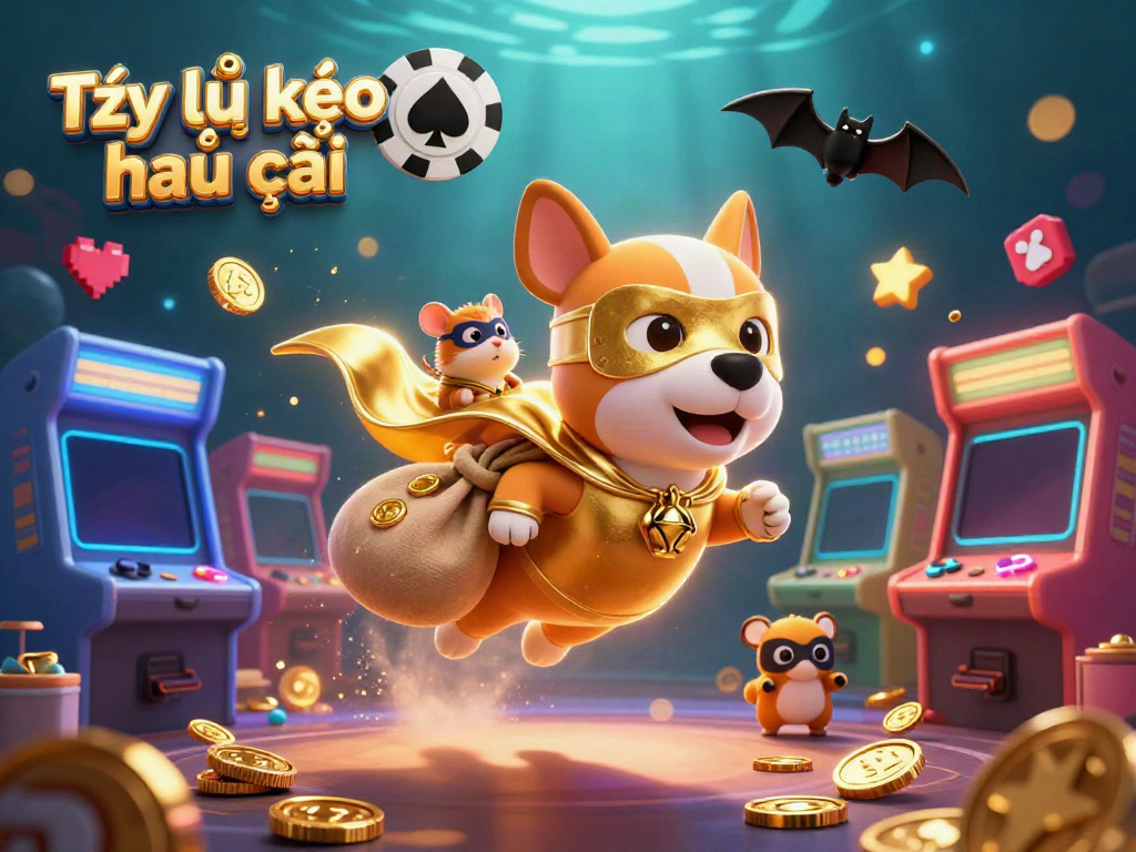 Exciting 3D casino scene with superhero dog flying and gold coins, emphasizing Tỷ lệ kèo nhà cái for players.