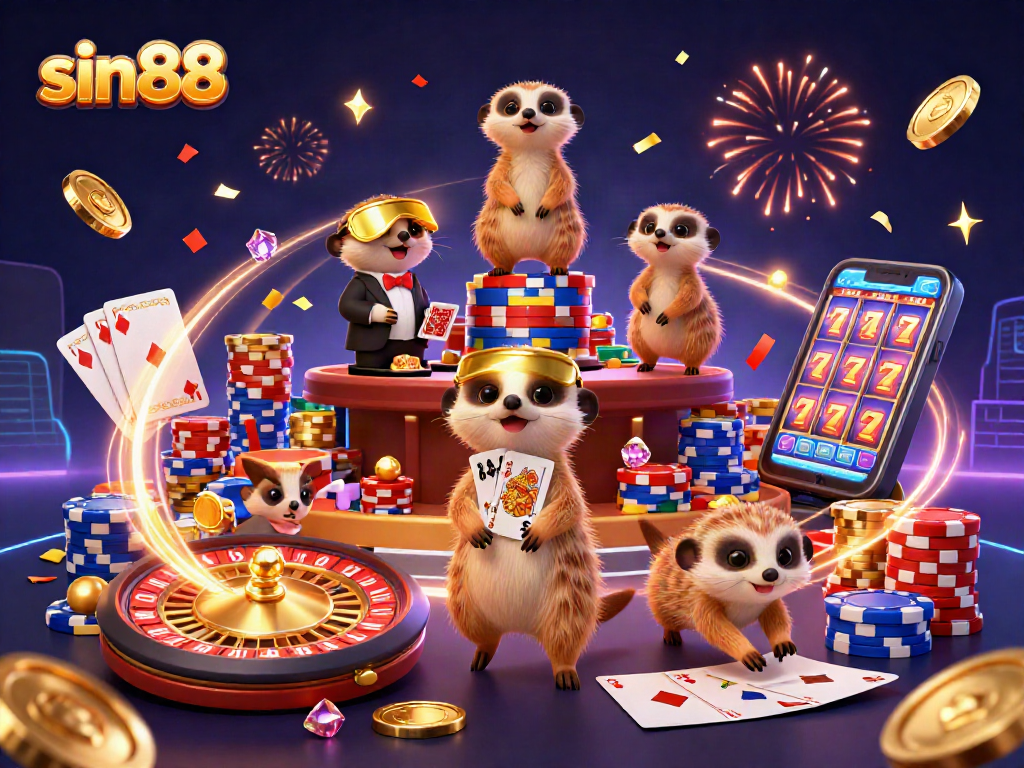 Sin88 meerkats managing a vibrant casino with chips and confetti in an ultra-detailed 3D scene.