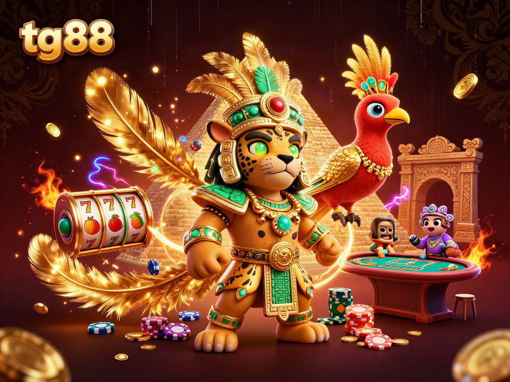 Engage with tg 88's dynamic casino scene featuring a Mayan jaguar priest and vibrant game elements.