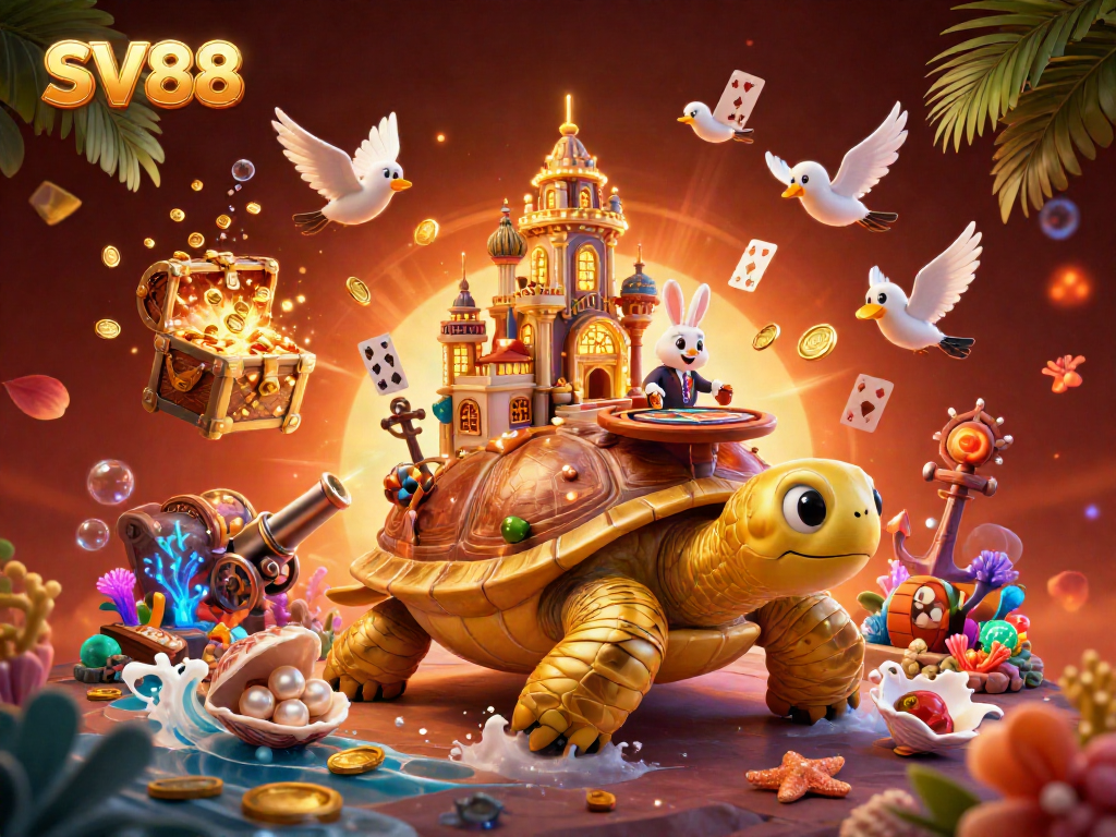 SV88's 3D golden tortoise casino scene with vibrant characters and playful gambling elements.