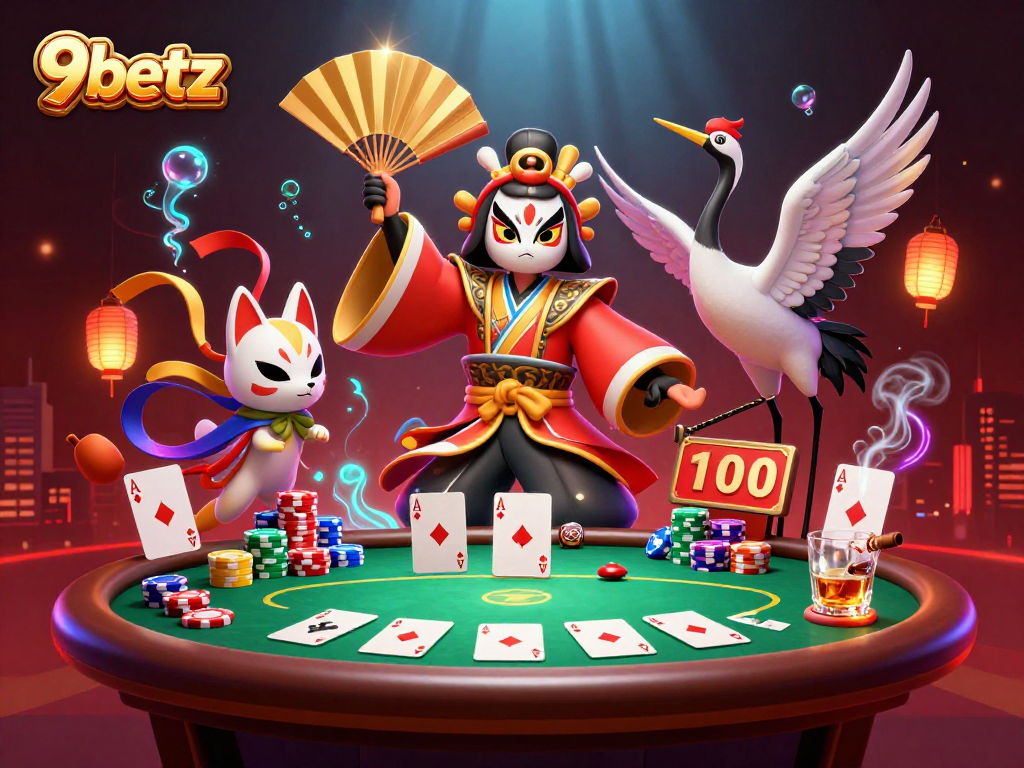 Experience thrilling poker action with 9betz in a vibrant 3D casino scene