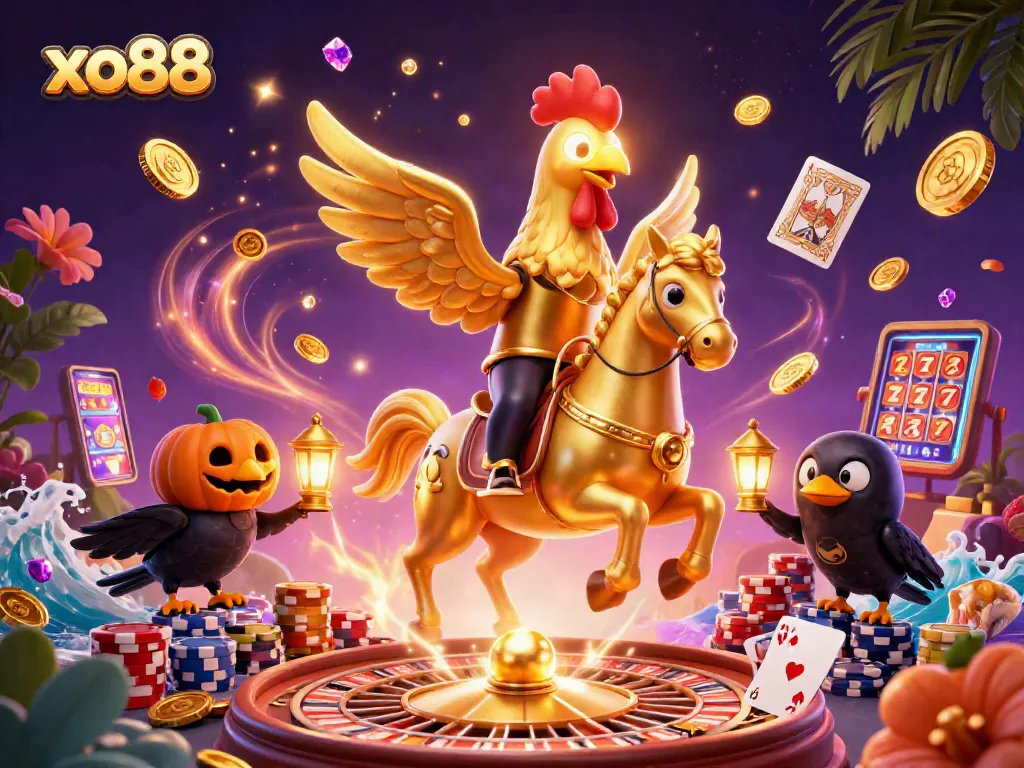 Experience immersive gaming with xo88 featuring golden rooster and vibrant casino elements.