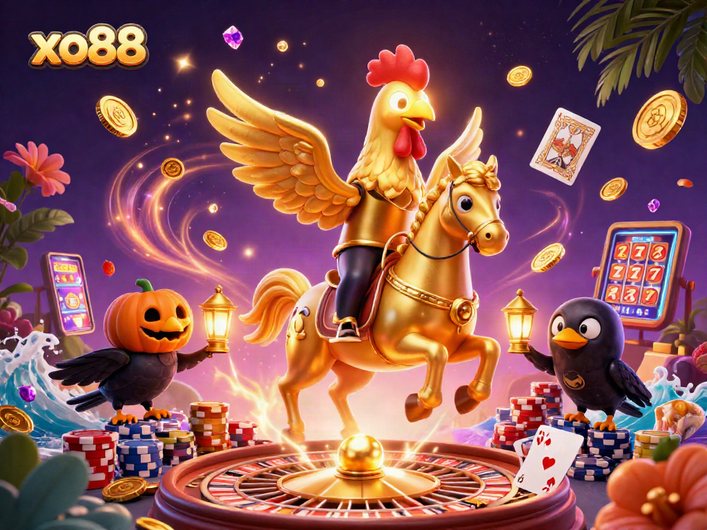 Experience immersive gaming with xo88 featuring golden rooster and vibrant casino elements.
