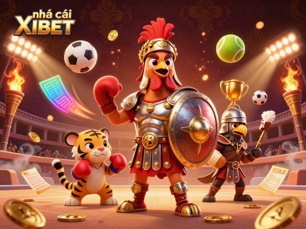 Experience the dynamic games at nhà cái XIBET featuring a 3D gladiator rooster in a vibrant, rich digital illustration.