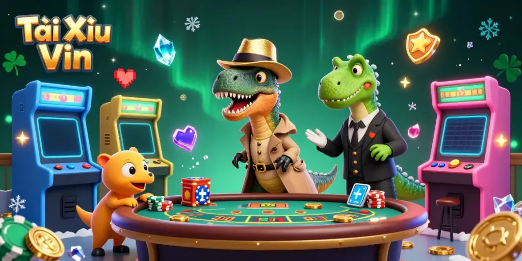 Competing in Tài Xỉu Vin, a velociraptor card counter at a blackjack table amidst vibrant gaming elements