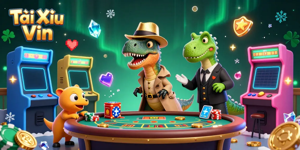 Competing in Tài Xỉu Vin, a velociraptor card counter at a blackjack table amidst vibrant gaming elements