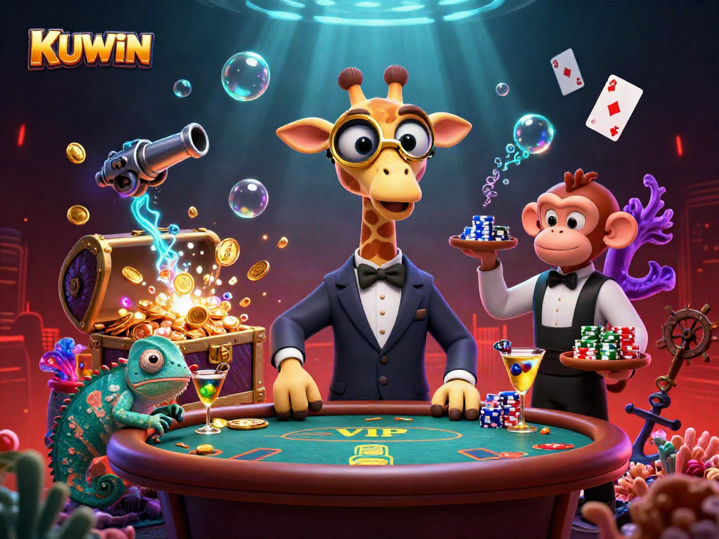 Join the action at KUWIN with a high-roller giraffe and friends at an exciting poker table scene.