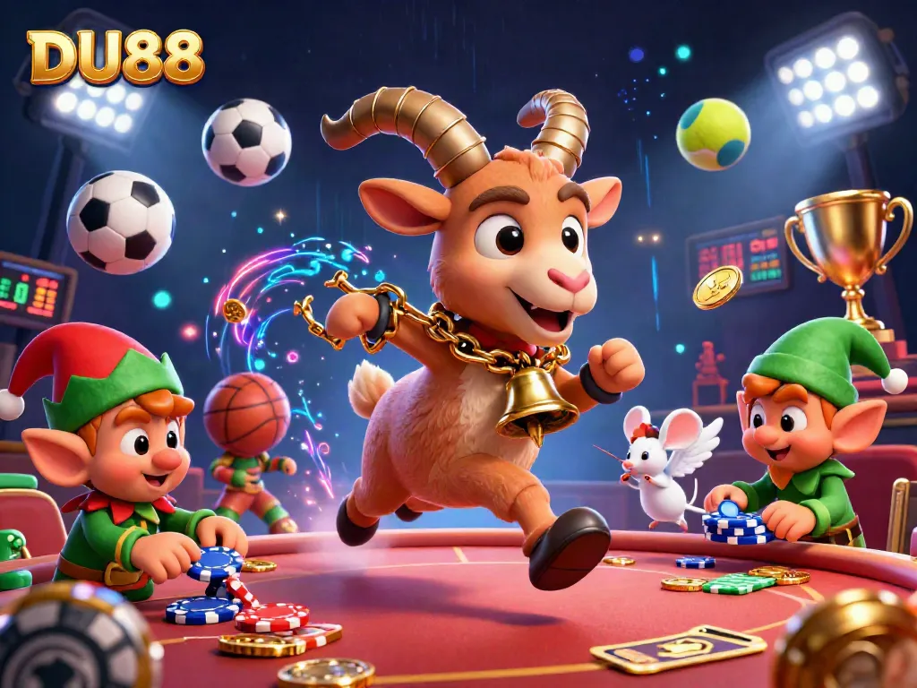 Engage with DU88 in a vibrant casino scene featuring Krampus, an angel mouse, and gremlins amidst sports elements.