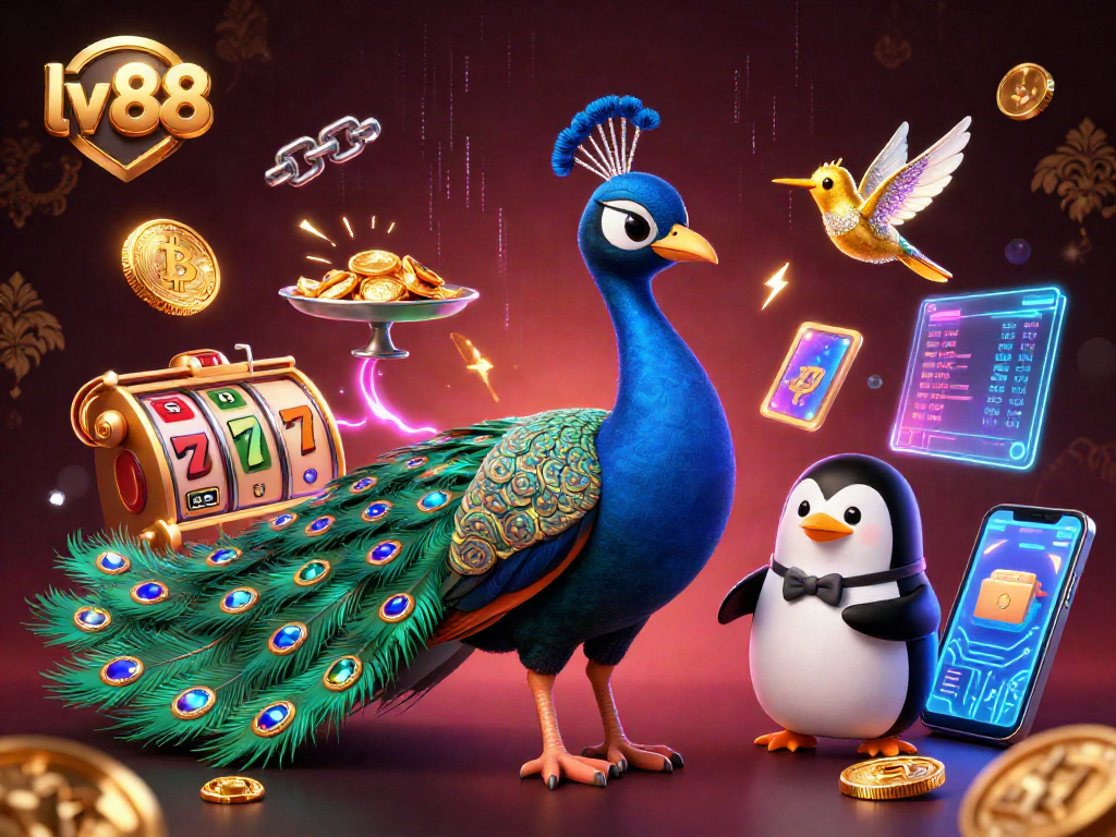 Spin the reels at lv 88 as a majestic peacock entertains players amidst golden chips and crypto elements.