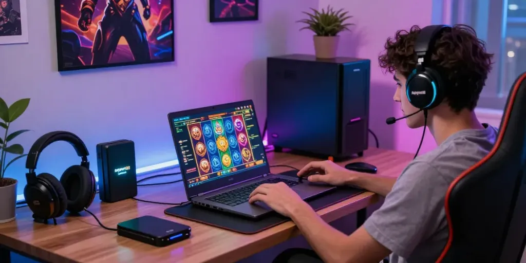 Gamer menikmati permainan slot dengan akses ke sapporo88 link di ruang kerja modern.