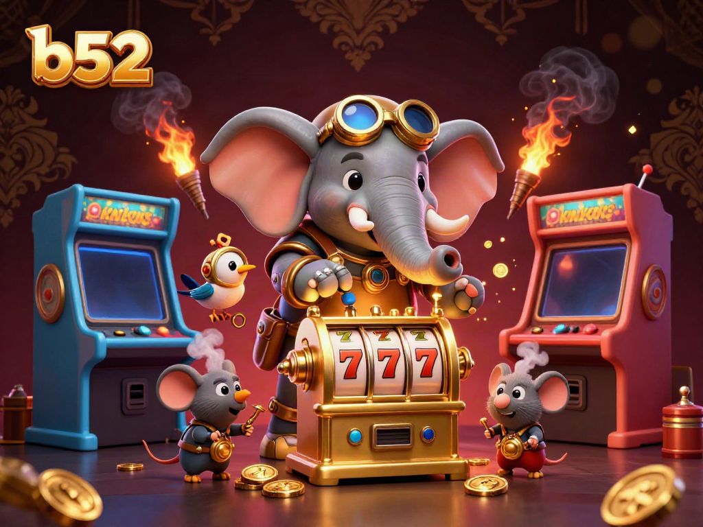 Engage with exciting b52 slot machines in a vibrant casino scene featuring an elephant engineer.
