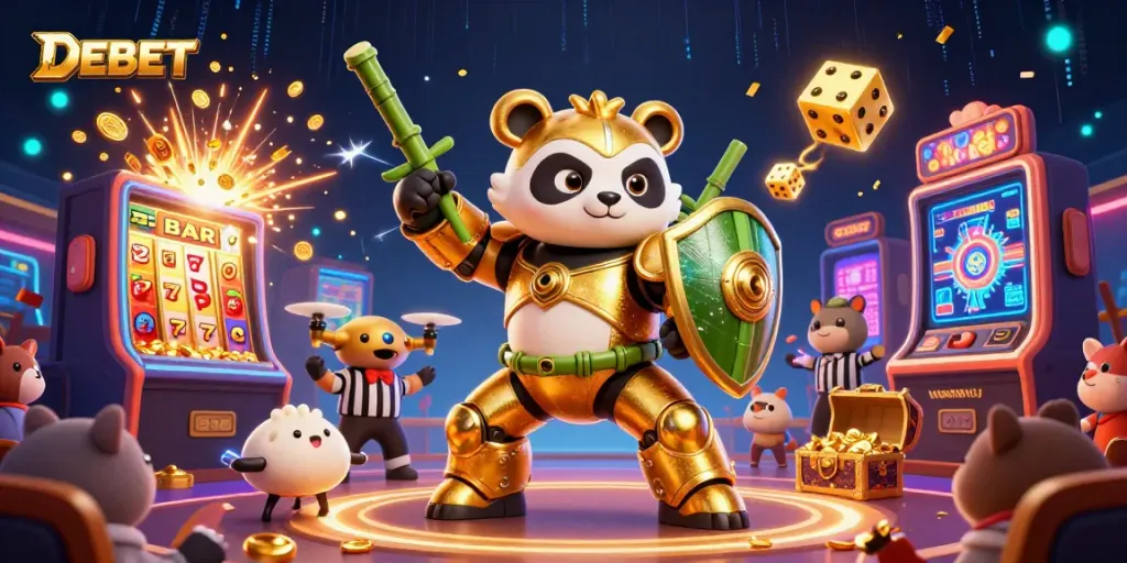 DEBET showcases a winning scene with vibrant casino elements and characters, encapsulating the thrill of gaming.