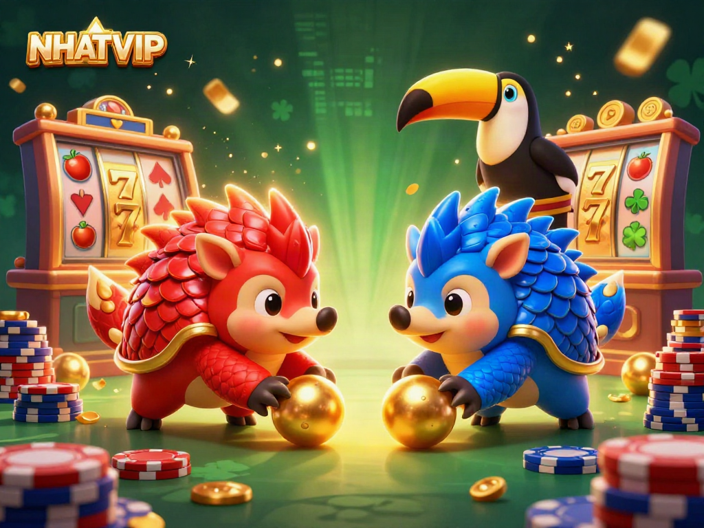 NHATVIP pangolins competing in a vibrant casino scene with slot reels and poker chips.