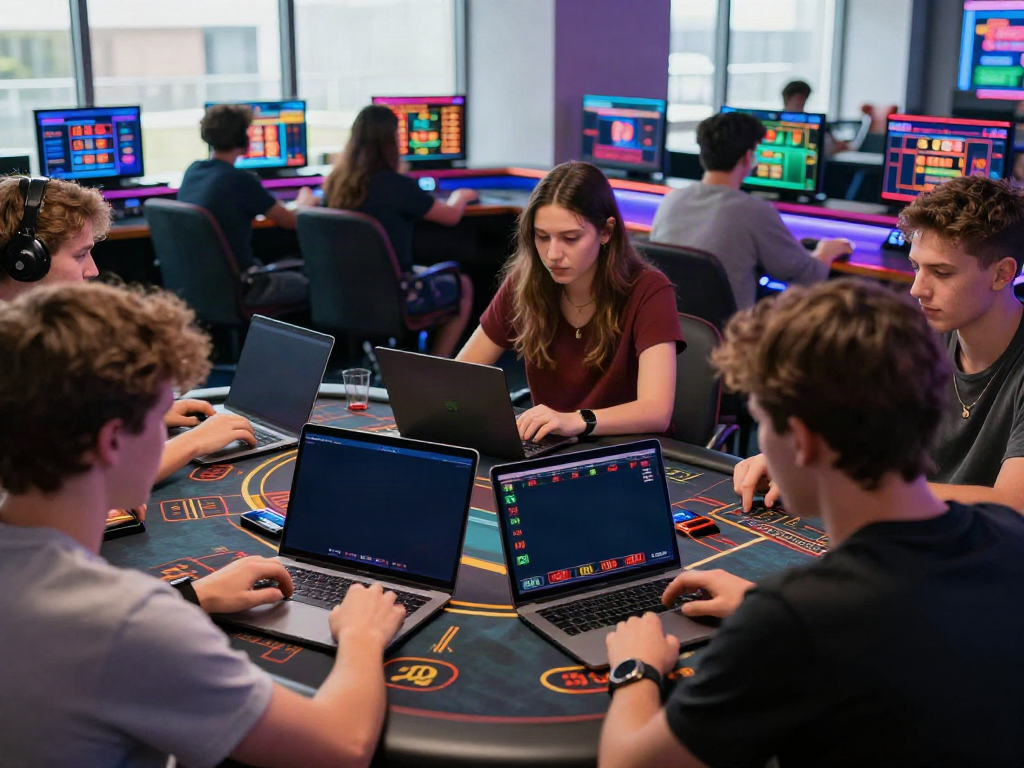 Young adults interacting with five 88 online betting platform in a vibrant gaming environment.