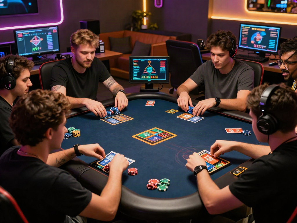Dynamic sun win gaming scene with diverse players enjoying a thrilling card game session.
