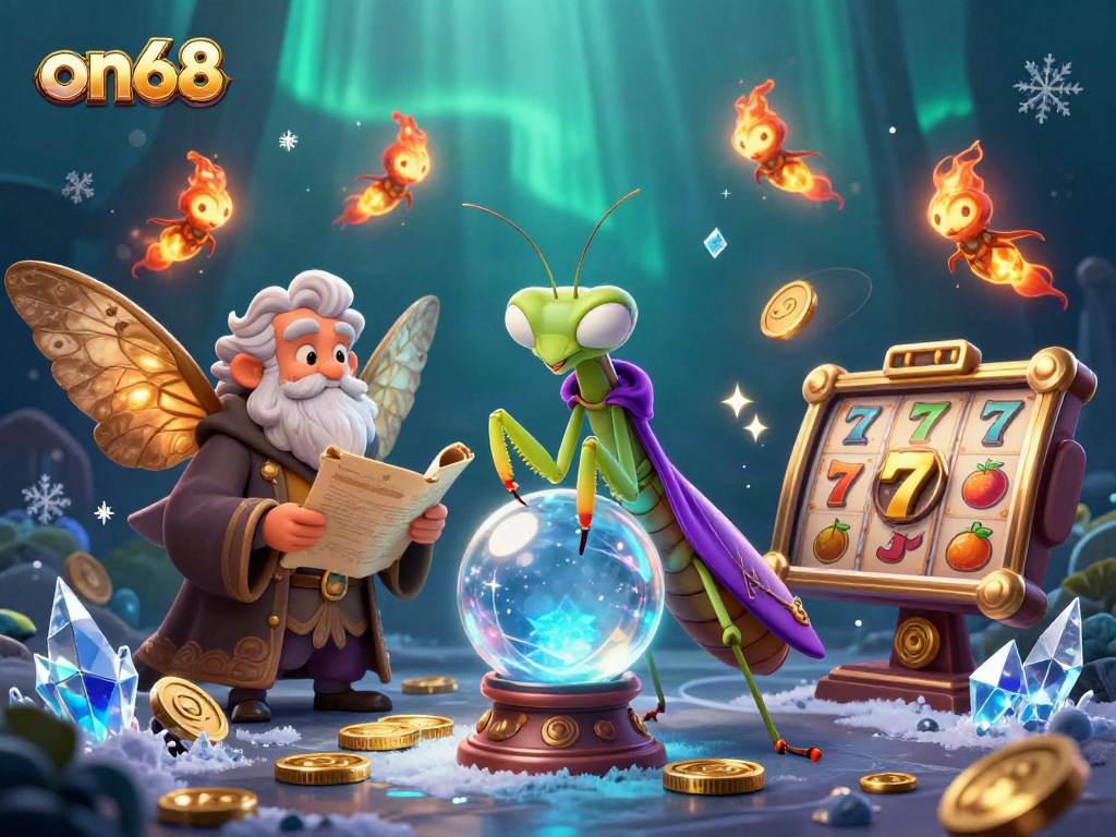 Engaging on68 casino scene with a praying mantis fortune teller and jackpot slots.