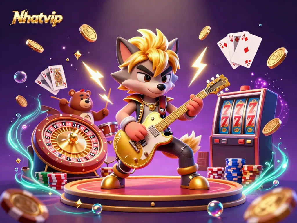 Nhatvip casino illustration featuring a rock star wolf and drummer bear amidst vibrant gaming elements
