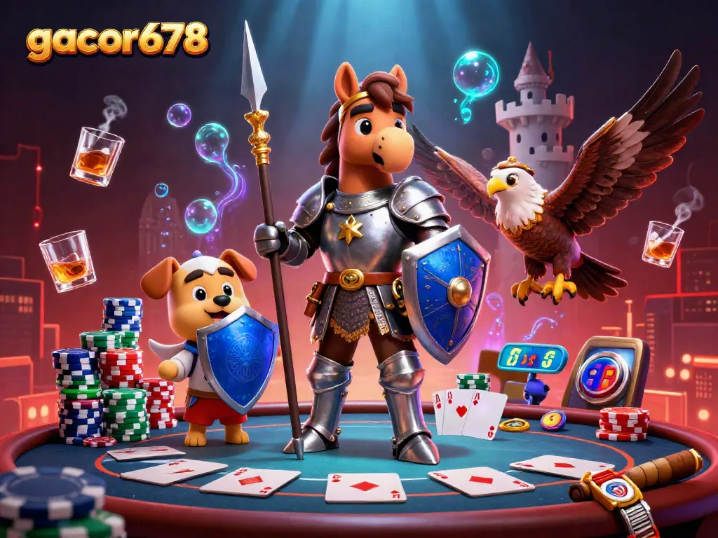Join the exciting gacor678 casino adventure with knights and poker elements in a vibrant scene.