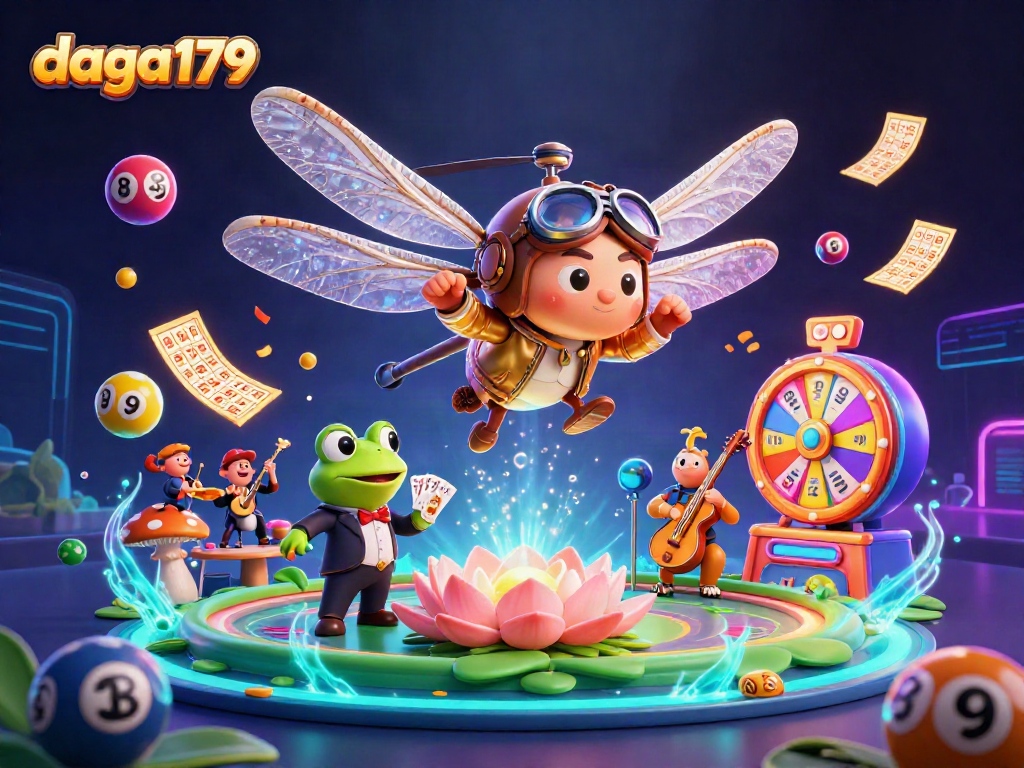 Engage with daga179's vibrant gambling scene featuring a dragonfly pilot and frog croupier.