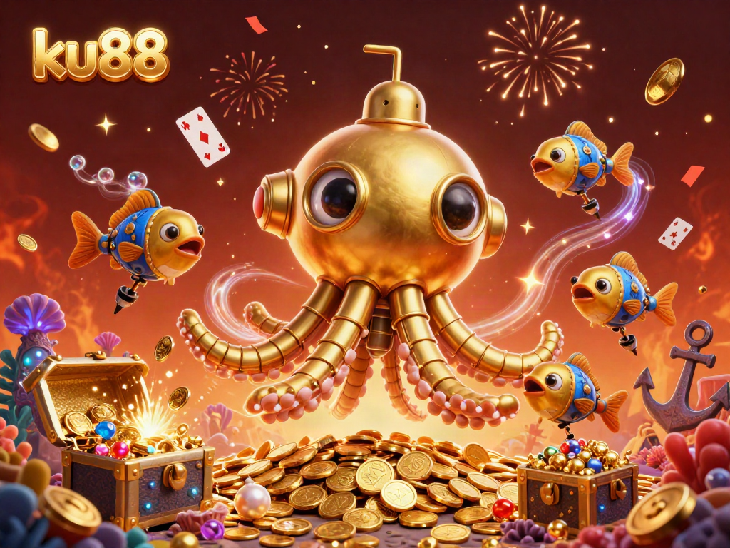 Experience the thrill of ku88 with a vibrant 3D scene featuring a golden kraken and treasure.