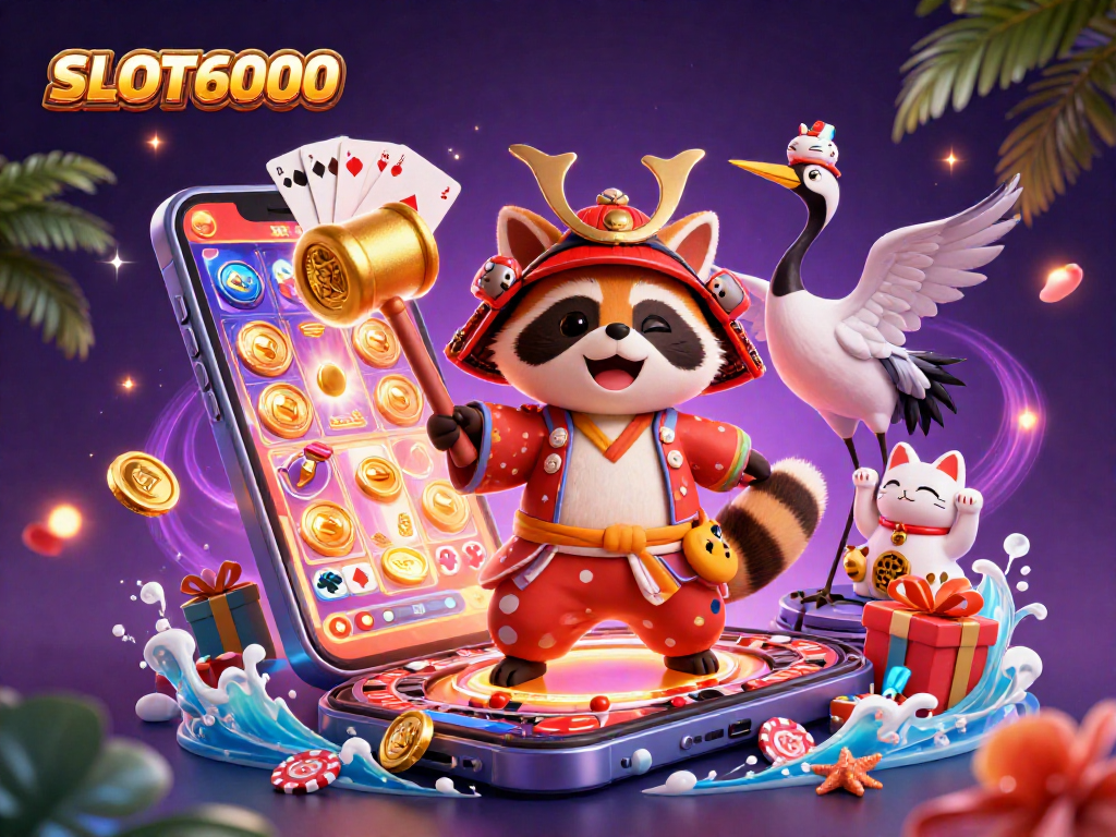SLOT6000 showcases vibrant slot excitement with a joyful tanuki and samurai crane, engaging players.