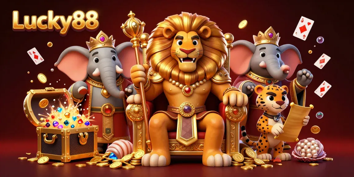 Experience the excitement of Lucky88 with a vibrant lion king and friends amidst treasures and gambling elements.