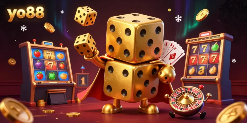 Engage with vibrant action at yo88, featuring a playful golden dice golem, slots, and dynamic casino elements.