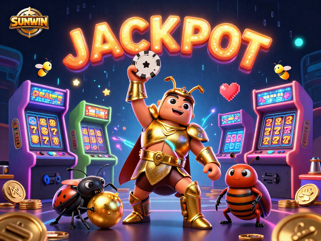 SUNWIN players celebrate jackpot wins with vibrant 3D characters in a lively casino scene filled with game elements.