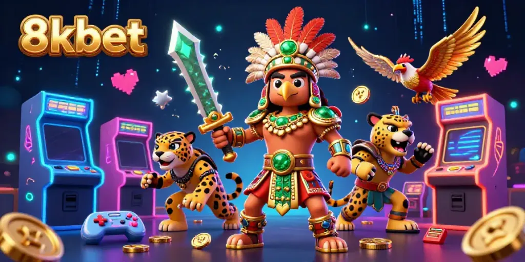 Experience thrilling gaming with 8xbet's vibrant 3D illustration of Aztec warriors in a casino environment.