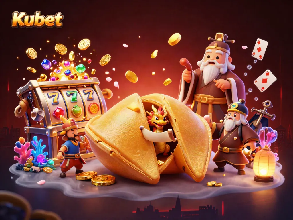 Kubet slot game action with a golden fortune cookie and a wise dragon amidst floating playing cards