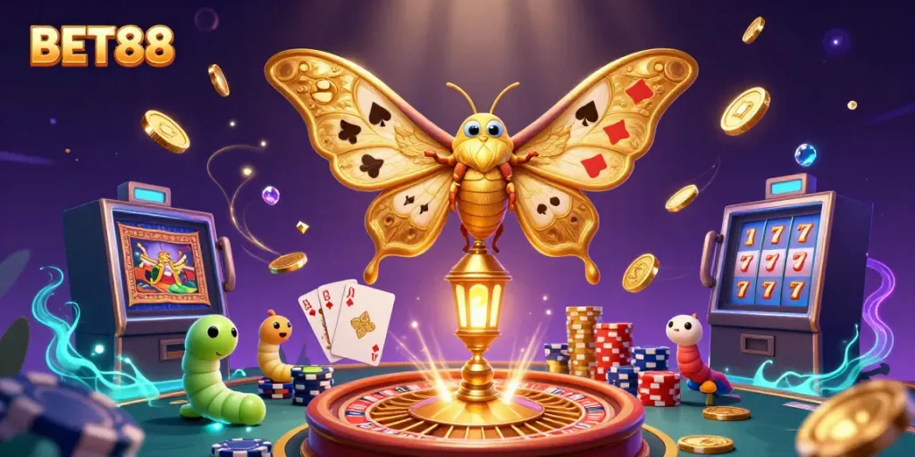 Capture the excitement of BET88 with a lavish casino-themed scene filled with golden coins, a spinning roulette wheel, and vibrant 3D visuals.