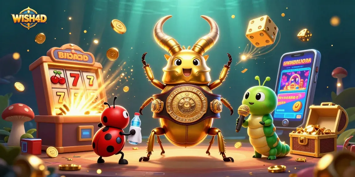 Engage with WISH4D as the golden stag beetle battles amidst a vibrant casino explosion.