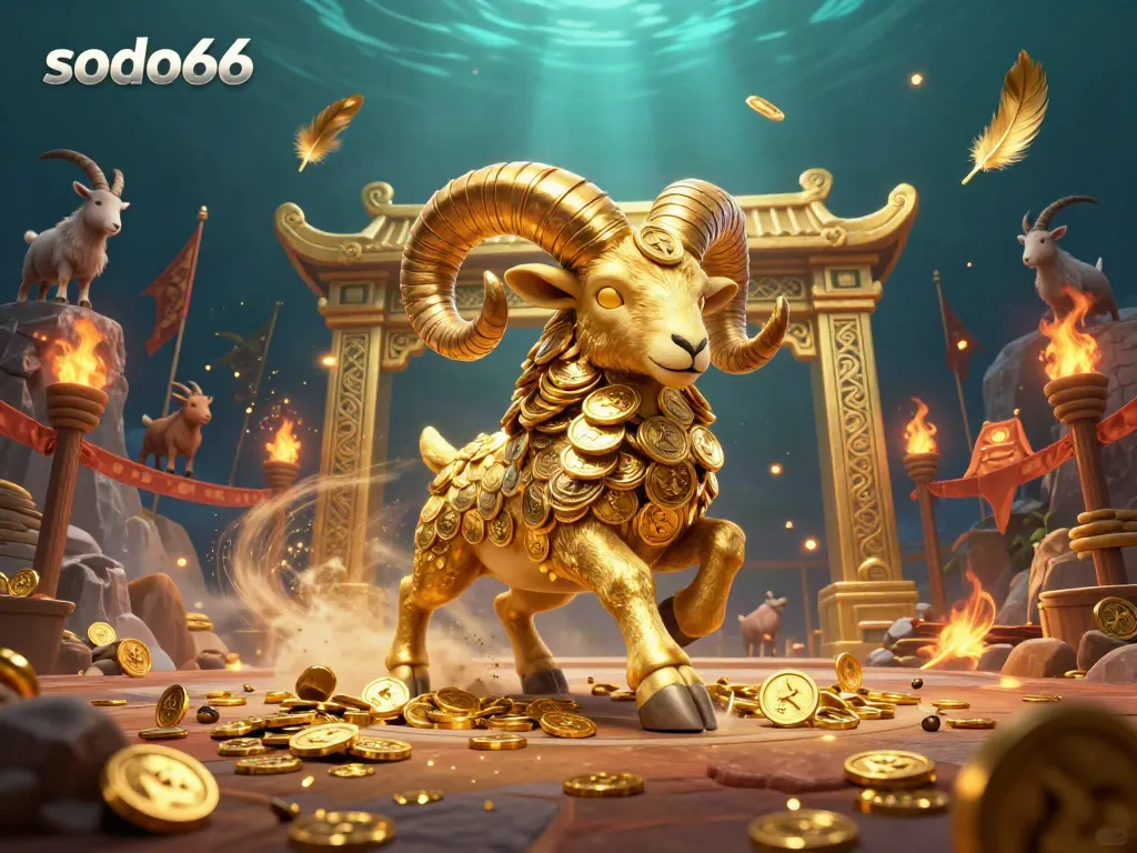 Experience the excitement of sodo66 with a golden ram charging through a dynamic casino scene.