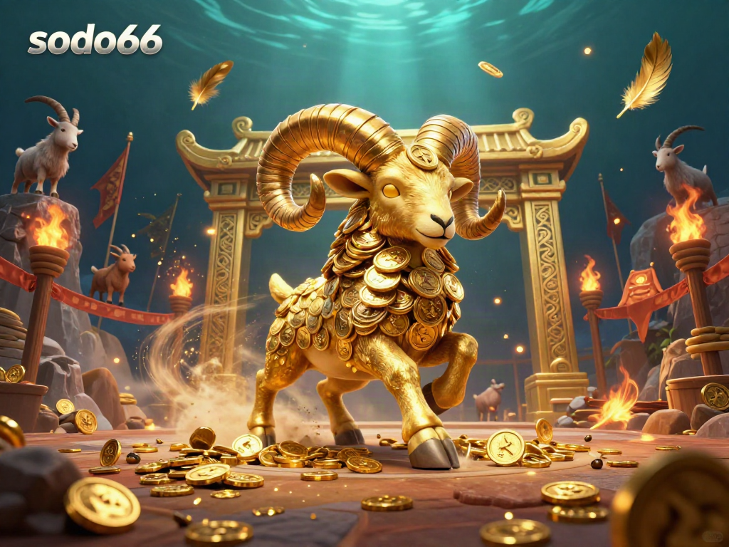 Experience the excitement of sodo66 with a golden ram charging through a dynamic casino scene.
