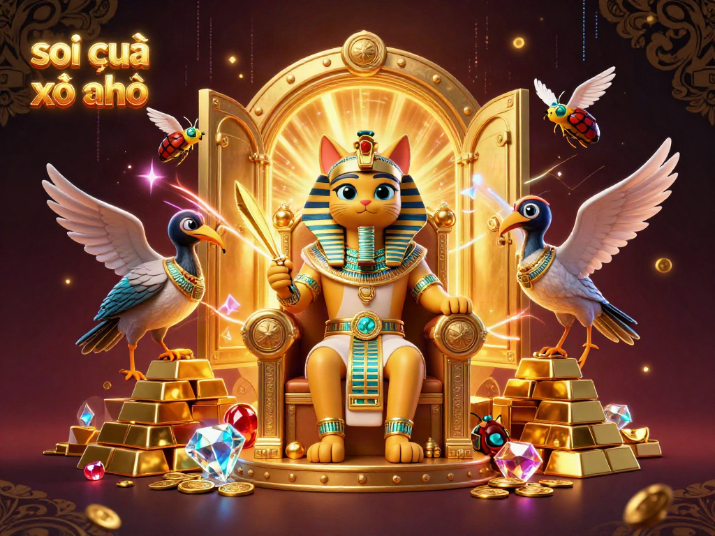 Experience the thrill of soi cầu xổ số with this vibrant illustration of an Egyptian pharaoh cat and treasures in a dynamic, rich scene.