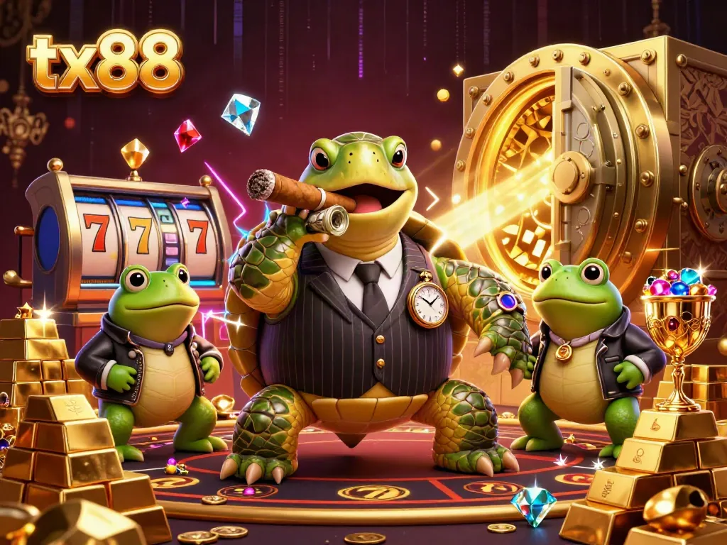Experience excitement on tx88 with a mobster turtle and bullfrog enforcers surrounded by casino treasures.