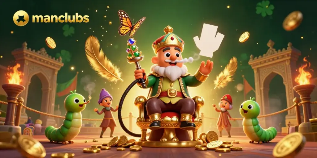 Win at manclubs with a vibrant fantasy scene of a caterpillar hookah-master and rich casino elements.
