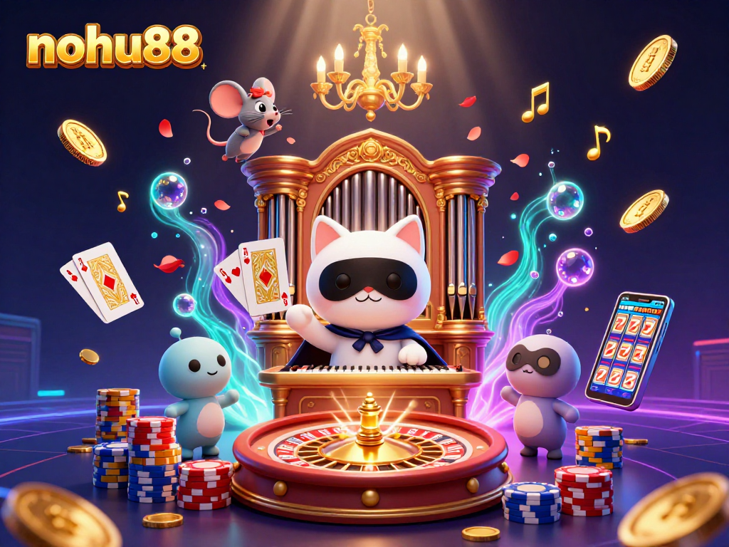 Play exciting games at nohu88 with a vibrant illustration of a casino scene featuring characters and dynamic visuals.