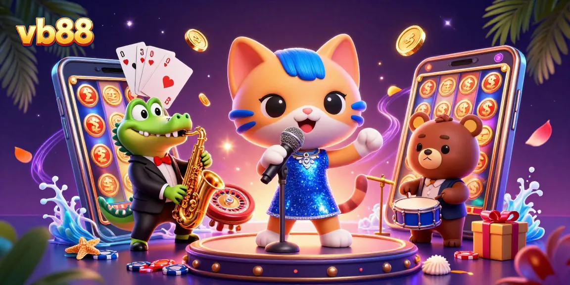 vb88 showcases an electrifying casino atmosphere with colorful characters and lively gaming elements.