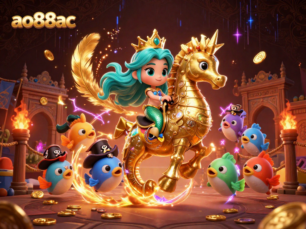 Engage in thrilling games at ao88ac with a mermaid princess riding a golden-seahorse in a vibrant underwater scene.