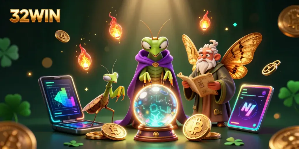 Engage with 32WIN's mystical fortune teller and moth librarian amidst vibrant crypto elements.