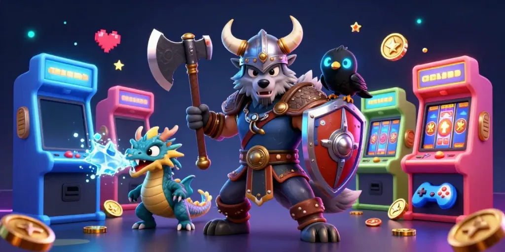 Experience thrilling gameplay at man 88 as a Viking wolf warrior battles alongside a fierce dragon in a colorful casino.