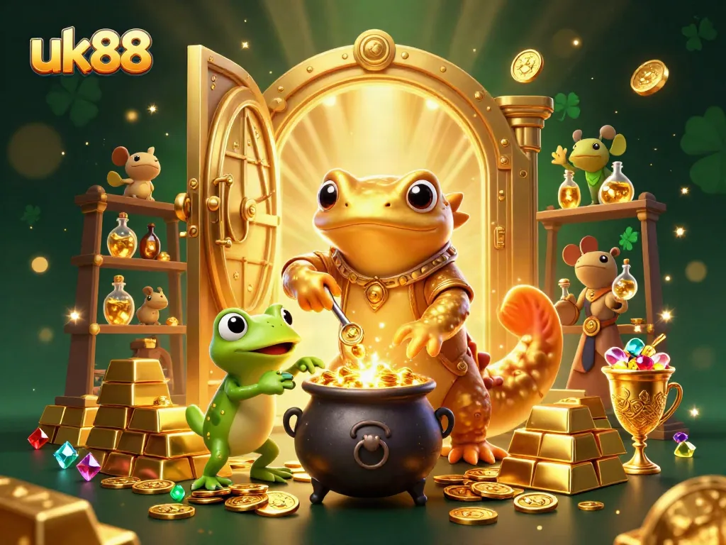 uk88 players explore exciting wealth with a giant golden alchemist and gold treasures