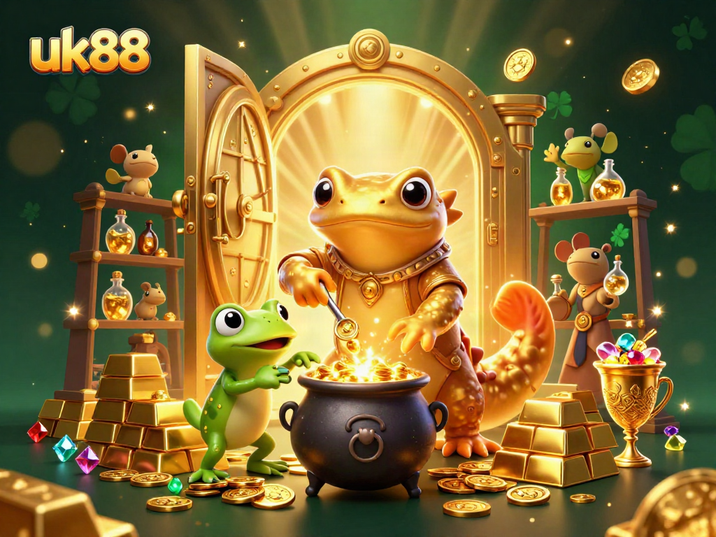 uk88 players explore exciting wealth with a giant golden alchemist and gold treasures